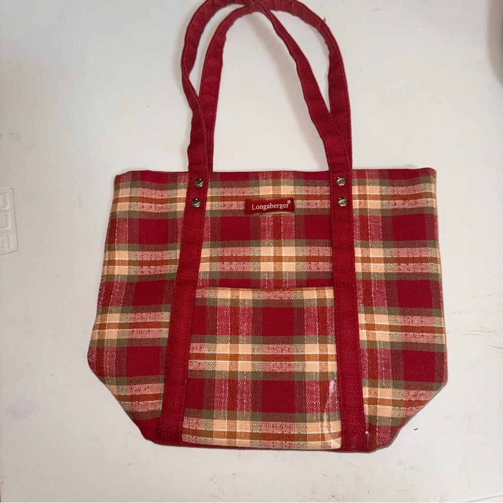 Longaberger Red Plaid Tote Bag Canvas Shoulder Carryall Market Travel Tote Small
